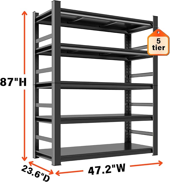 Heavy Duty Garage Shelving, 87" H x 47.2" W x 23.6" D, 3000 lbs Load Capacity, Sturdy Steel Metal Shelves for Storage, Industrial Black 5-Tier Shelving Rack for Garage, Basement, and Workshop-NeatNest