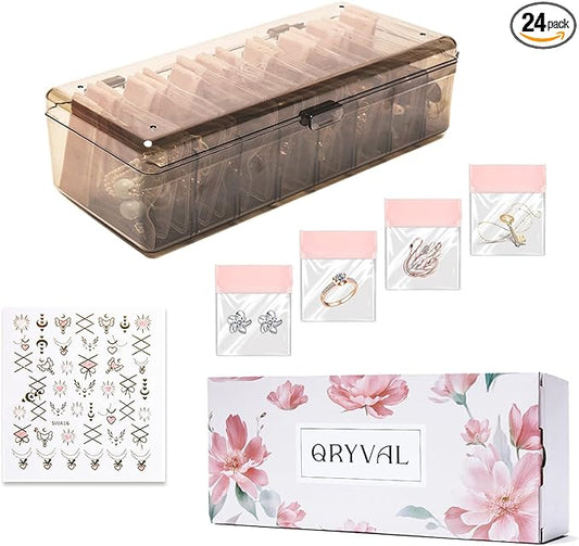 Jewelry Organizer and Storage Box with 24 EVA Anti Tarnish Bags, Travel Acrylic Case for Earrings, Necklaces & Rings, Elegant Gift for Women & Girls (S&Organizer(Brown))-NeatNest