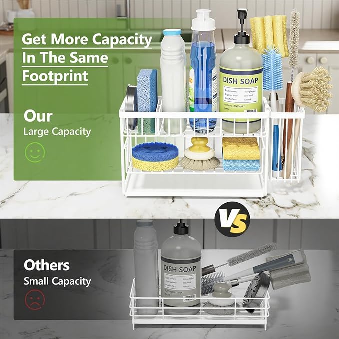 Cisily White 2-Tier Kitchen Sink Caddy Organzier Rack with Flexible Dish Brush Holder, Sponge Holder for Kitchen Sink Countertop Organization Storage,Home Decor Accessories-NeatNest