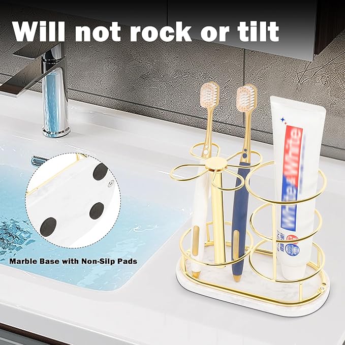 HarJue Toothbrush Holder Stand for Bathroom, Metal Toothbrush Organizer with Marble Base, Toothbrush Storage Collection for Family, Suitable for Home Hotel Countertop Vanity (Medium, Gold)