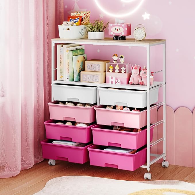 8 Drawers Rolling Storage Cart with Wooden Top, Multipurpose Utility Cart with Opening Shelf & Lockable Wheels, Storage Drawer Cart Organizer for Home Office Craft Room Classroom, Pink