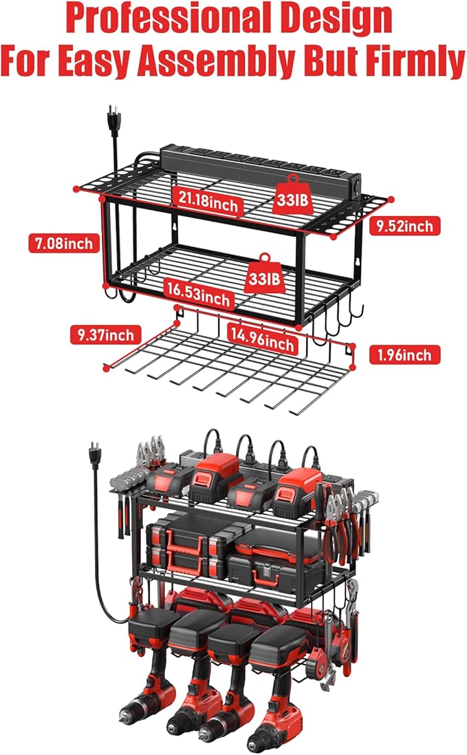 JUNNUJ Tool Organizer with Charging Station, 3 Layers Wall Mount Garage Tools Storage with 8 Outlets Power Strip, 4 Drills Holder Battery Heavy Duty Metal Shelf, Utility Rack with Hooks, Black