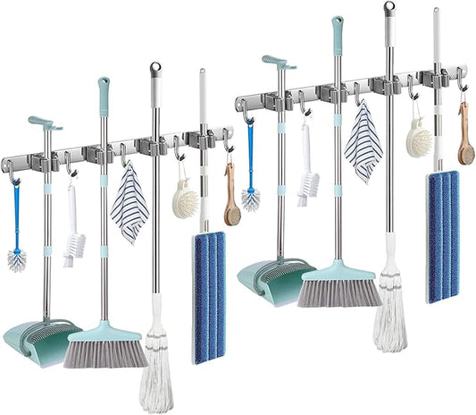 Broom and Mop Holder Wall Mount Organizer Stainless Steel Heavy Duty Hooks Self Adhesive Solid Non-slip for Home Kitchen Garden Laundry Garage(4 Racks with 5 Hooks, Silver)-NeatNest