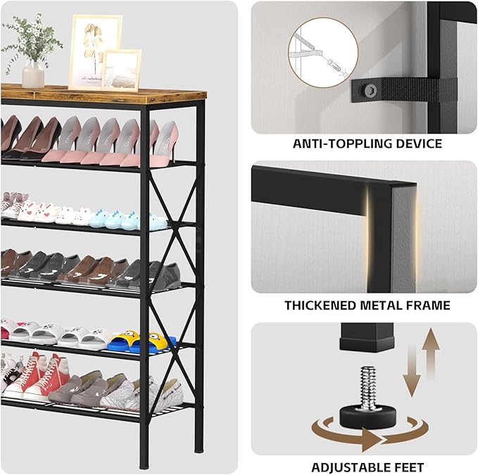 6 Tiers Metal Shoe Rack，Large Capacity Shoe Rack Holds 24 Pairs of Shoes, Durable and Stable, Adjustable Metal Shelf Stackable Shoe Shelf for Entryway, Hallway, Living Room, Closet-NeatNest