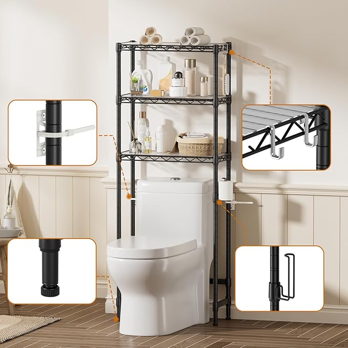 3-Tier Over The Toilet Storage Shelf,Heavy Duty Adjustable Metal Bathroom Rack with Toilet Paper Holder & Hooks,Space-Saving Organizer for Bathroom,10”D x 24”W x 66”H,Black
