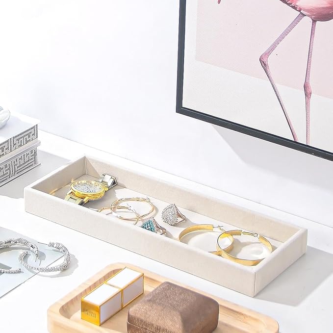 2Pcs Desk Drawer Storage Tray, Nightstand Organizer, Jewelry Display for Necklace, Bracelet, Ring, Earring, Grid Table Organizer Holder for Sunglass, Phone, Watch, Perfume (1 Grid)/Beige-NeatNest