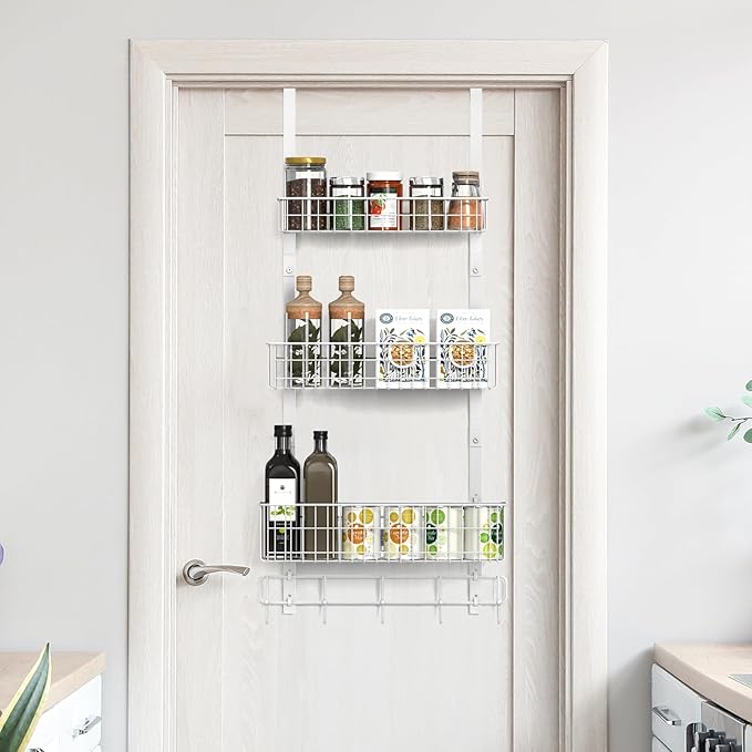 CADUKE Over The Door Organizer Hanger with Basket Hanger Door Towel Rack with 5 Hooks Back of Door Storage Organizer Behind Door Hooks Hanger Shelf for Bathroom, Kitchen, Office, White-NeatNest