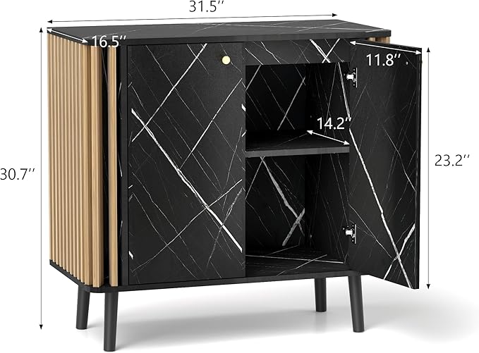 Fluted Storage Cabinet, Modern Marble Texture Accent Buffet Cabinet with Fluted Wood Strips, Side Cabinets with 2 Doors & Adjustable Partitions for Kitchen, Living Room, Black