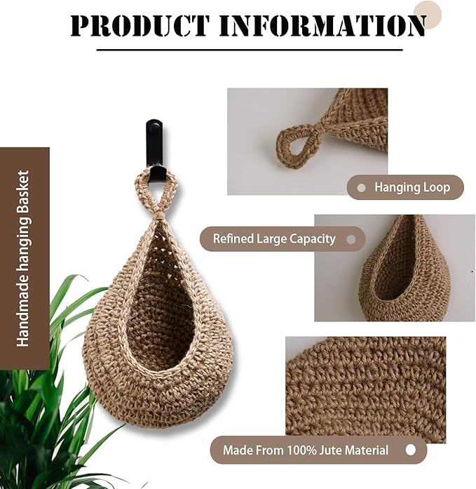 Hanging Fruit Basket Set of 3, Boho Wall Hanging Storage Jute Basket for Organizing & Decor, Handmade Teardrop Hammock Holder for Onion Fruit Vegetable in Home & Restaurant Kitchen with Hooks