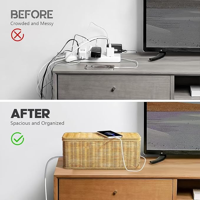Cable Management Box,2 Open Slots Cord Organizer Hider Box with Lid,2 Pack Handwoven Imitation Rattan Cable Organizer Box for TV Wire Computer Router & Power Strip-A Style(Light Brown)