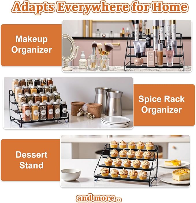 4 Tier Spice Rack Organizer for Cabinet, Step Adjustable Spice Shelf Seasoning Organizer with Non Slip Tiers, Expandable Metal Spice Rack for Kitchen Countertop, Pantry, Cupboard – Black-NeatNest