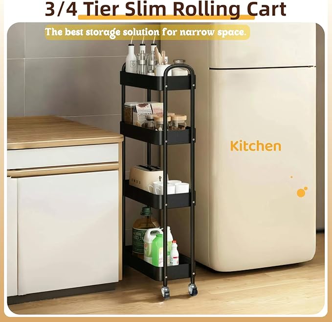 4 Tier Slim Storage Cart with Wheels for Laundry Room Between Washer and Dryer, 7.1'' Wide Narrow Rolling Storage Cart with wheels and Lockable Casters, Metal Thin Shelf for Small Space, Black