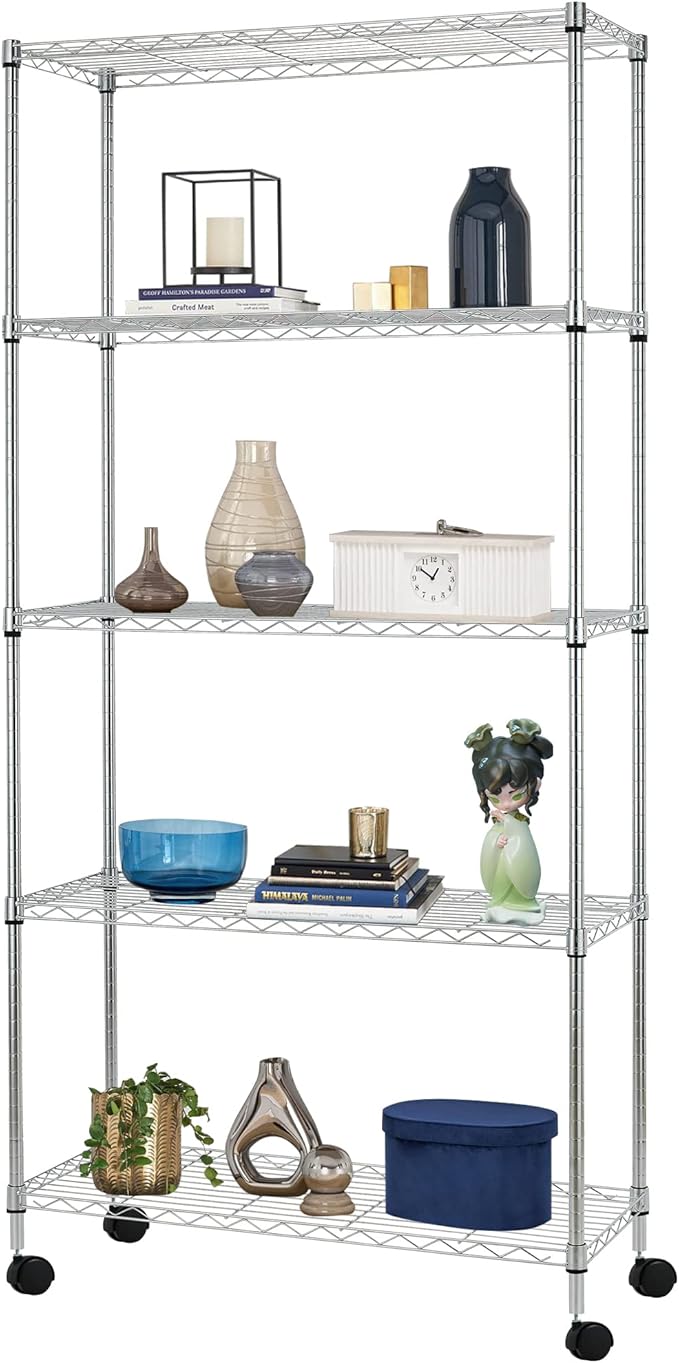BestOffice 14Dx30Wx60H 5-Tier Wire Shelving Unit Steel Large Metal Shelf Organizer Garage Storage Heavy Duty NSF Height Adjustable Commercial Utility Storage Metal Rack on Wheels,Chrome-NeatNest