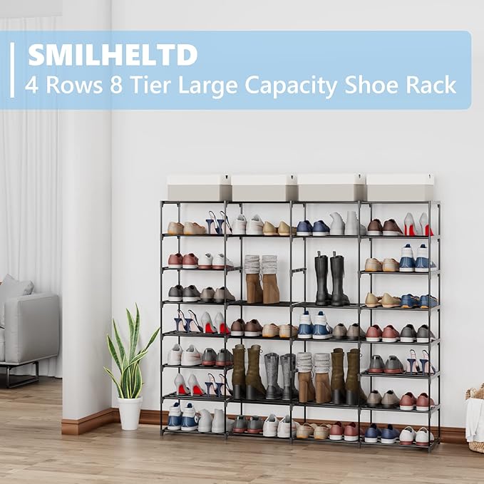 Shoe Rack Large Capacity 4 Rows 8 Tier 56-64 Pairs Shoes Boots Sneaker Stackable Storage Organizer Garage Entryway Hallway Front Doorway Shoe Tower Cubby Unit Shelf Space Saving-NeatNest