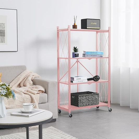 BRIAN & DANY 4-Shelf Foldable Storage Shelves with Wheels, Folding Metal Rack Shelving Unit, Heavy Duty No Assembly Organizer Shelf for Garage, Kitchen, Basement, Pantry, Pink-NeatNest