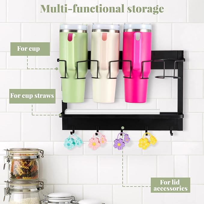 CINPIUK Water Bottle Organizer Holder, Magnetic Cup Rack Storage for Stanley & Large Tumbler, Space Saving Wall Mount Bottle Organizer with 5 Hook, Easy to Install, Black-NeatNest