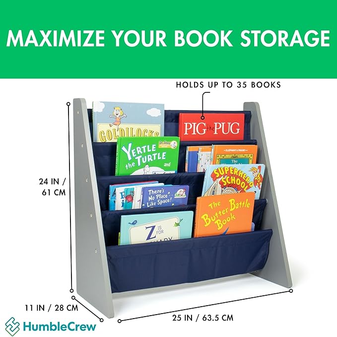 Humble Crew 4-Tier Kids Bookshelf, Grey Wood/Navy - Premium Book Shelf for Kids Rooms with Four Deep Pockets - Toddler Sling Book Rack with Deep Sleeves, Nursery Bookcase Organizer