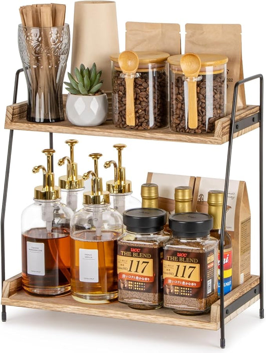 Countertop Coffee Station Organizer, 2 Tier Wooden Shelf for Coffee Bar Accessories, Condiment Storage Caddy for Kitchen, Home, Office - Brown-NeatNest