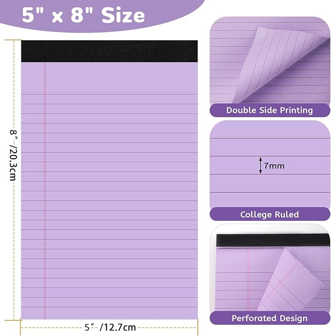 8 Packs Small Note Pads 5x8, Total 400 Sheets Color Legal Pad 5x8 College Ruled Small Legal Pad Perforated Lined Writing Pads for Home, Study, Office, To-Do Lists, notepad, Multicolor