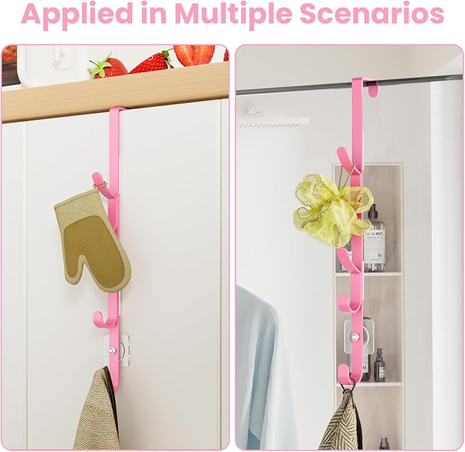 Over The Door Hooks, Metal Door Hooks for Hanging, Over The Door Purse Organizer for Coat Hanger, Back of Shower Door for Hanging Towel Rack Clothes, Hat, Bathroom, Closet (Pink-4Packs)