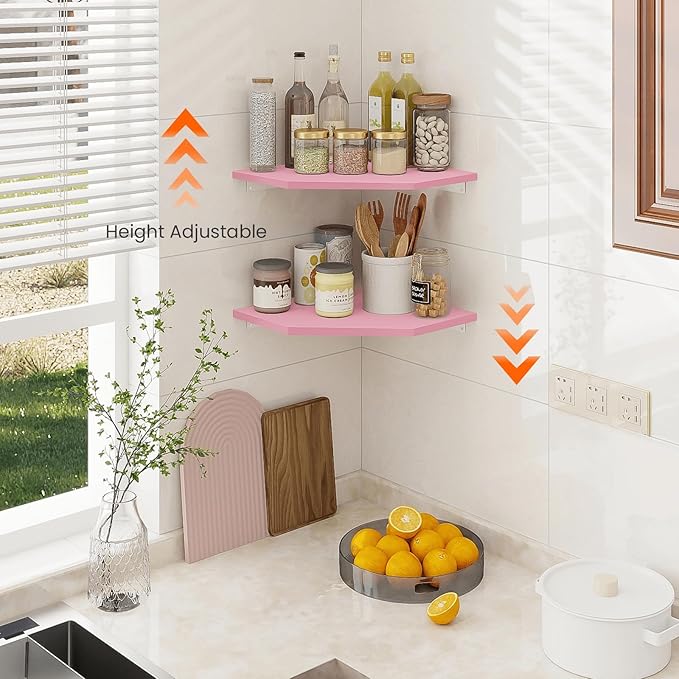 Homode Corner Floating Shelves, Corner Wall Shelf with Cord Hole, 2 Tier Wood Hanging Corner Shelf for Bathroom, Bedroom, Living Room, Pink-NeatNest