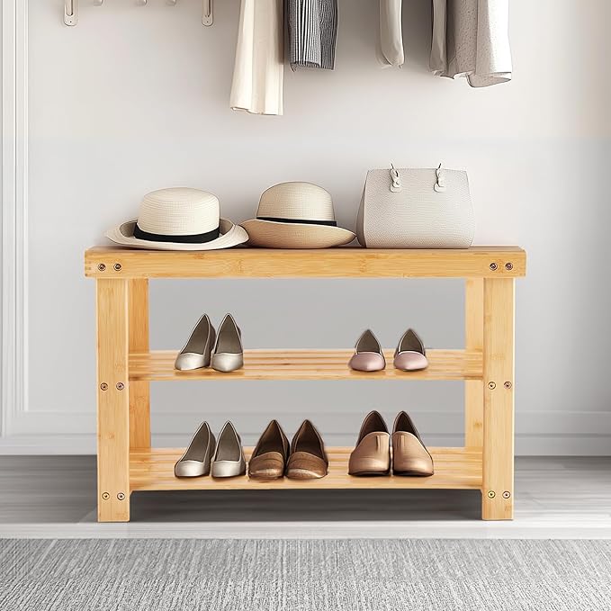 Sweetcrispy Shoe Rack Bench, 3-Tier Bamboo Entryway Storage Organizer, 286lb Capacity, Shoes Stand for FrontDoor Entrance, Bedroom, Living Room, Bathroom, Balcony, 11.3 x 27.6 x 17.8 Inches, Wood-NeatNest