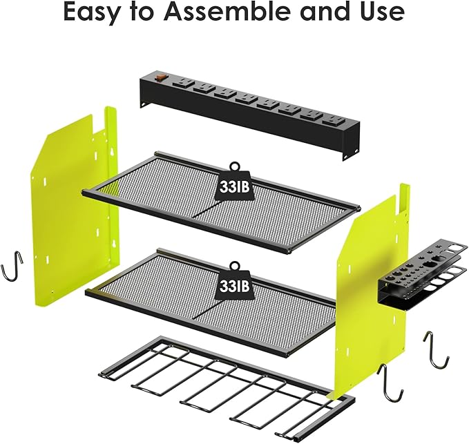 CCCEI Set Power Tool Organizer Wall Mount with Charging Station. Garage 4 Drill Storage Shelf with Hooks, Heavy Duty Metal Tool Battery Charger Organizer. Shop Utility Rack with Power Strip Green.-NeatNest
