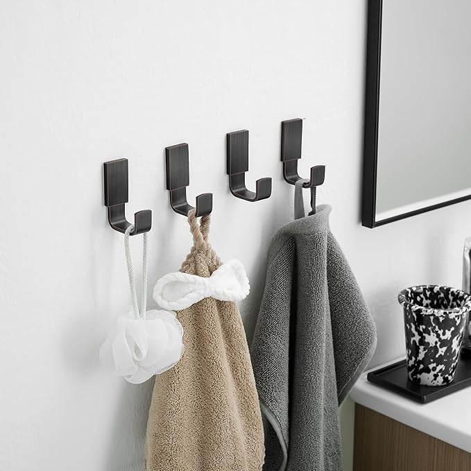 BESy Brass Clothes Hook Single Towel Hook for Bathroom Kitchen Garage Square Style Robe Hooks Coat and Hat Hook, Self Adhesive with Glue or Wall Mounted with Screws, Four Packs, Oil Rubbed Bronze-NeatNest