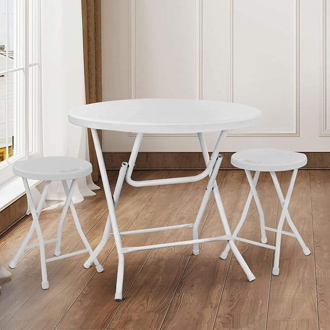 Athena Collection 2.6ft Plastic Folding Dining Table, Portable Round Card Table with Steel Legs for Indoor Outdoor, Foldable Heavy Duty for Camping Party, White-NeatNest