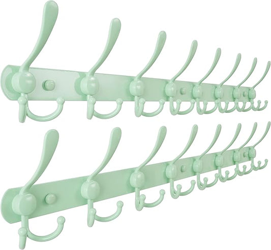 Dseap Coat Rack Wall Mount - 29.5” Long 8-Tri-Hooks Heavy Duty Coat Hanger Rail Wall Hooks for Hanging Coats Hats Clothing Clothes Purse Mudroom Entryway, Green, Pack of 2-NeatNest