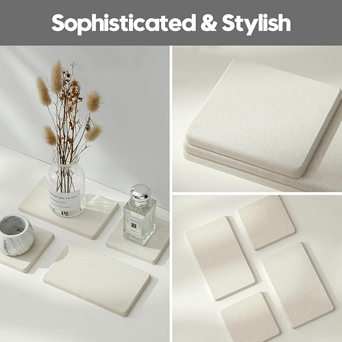 4PCS Bathroom Sink Vanity Trays, Diatomaceous Earth Quick Stone Drying Mat Kitchen Counter Dish Soap Dispenser Sponge Holder, Water Absorbing Caddy Organizer for Bottle & Cup, Beige-NeatNest