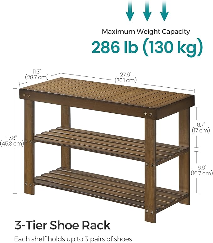 SONGMICS Shoe Rack Bench, 3-Tier Bamboo Shoe Storage Organizer, Entryway Bench, Holds Up to 286 lb, 11.3 x 27.6 x 17.8 Inches, for Entryway Bathroom Bedroom, Yellow Brown ULBS04WL-NeatNest