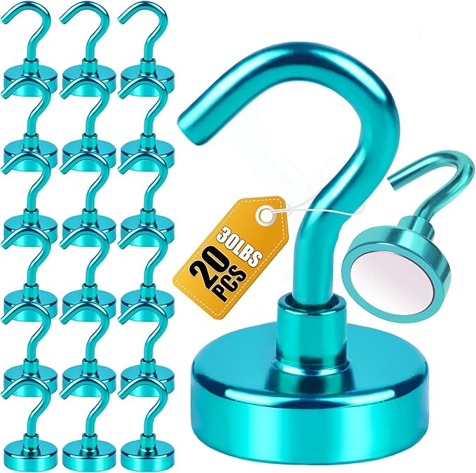 DIYMAG Magnetic Hooks, 30Lbs Strong Heavy Duty Cruise Magnet S-Hooks for Classroom, Fridge, Hanging, Cabins, Grill, Kitchen, Garage, Workplace and Office etc, (20 Pack-Green)-NeatNest