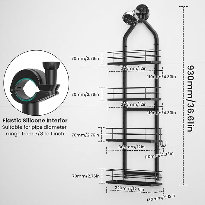 Shower Caddy Hanging (Black), Adjustable Anti-Swing-Over The Shower Head Caddy, 4 Tier Height Bathroom Storage Organizer Bathroom Shelves Basket Rack Shower Caddies (4Tier)