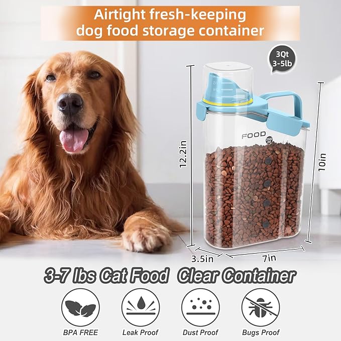 3-5Lbs Small Cat and Dog Food Storage Containers BPA Free, Airtight Pet Food Storage Containers with Large Pour Spout/1 Measuring Cup/ 3 Safety Locks and double-layer silicone strip（Bright Blue 1Pack）-NeatNest