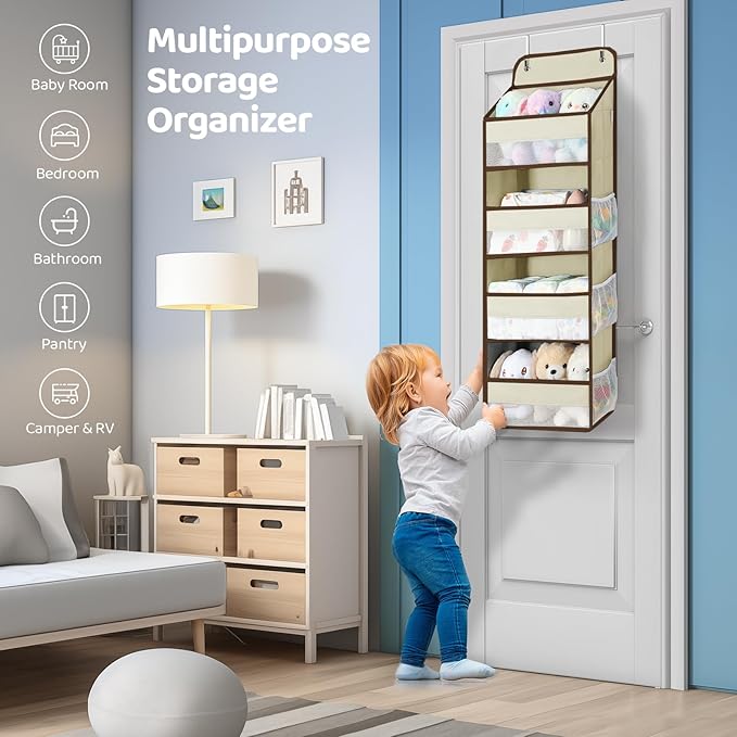 Yecaye 2 Pack 4 Tier Over the Door Organizer, Foldable Portable Baby Essentials for Stuffed Animal Storage - Multi-purpose Bathroom Closet Organizers and Storage for Kids Newborn Baby Stuff Beige-NeatNest