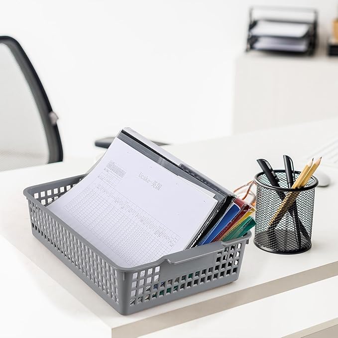 6 Packs Plastic Storage Baskets, Paper Organizer Baskets, Shallow Storage Basket Trays, Grey-NeatNest