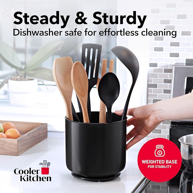 Extra Large Sturdy Rotating Black Utensil Holder Caddy with No-Tip Weighted Base, and Gripped Insert - Rust Proof and Dishwasher Safe Kitchen Utensils Holder-NeatNest