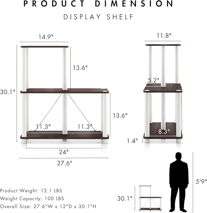 HOMES: Inside + Out Apexa Modern 3-Cube Ladder Shelving Units, Collectibles Display Shelves, Easy Assembly Standing Shelf, Home Storage Organizer for Living Room, Bedroom, Office, Espresso