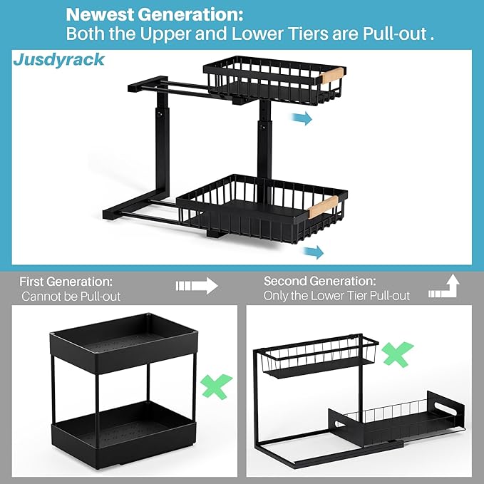 1 Packs 2 Tier Under Sink Organizers, Sliding Pull-Out Cabinet Storage Shelf, Metal Drawer for Kitchen, Bathroom, Pantry & Closet Organization Rack, Rust-Resistant,Black-NeatNest