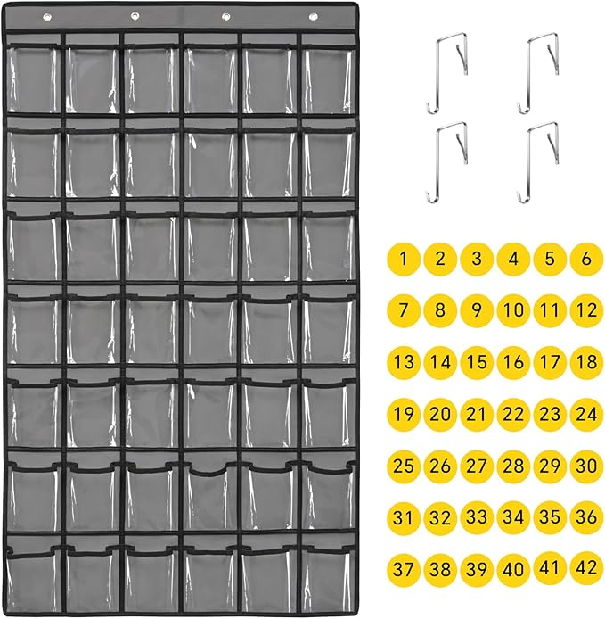42 Pocket Classroom Pocket Chart for Cell Phones and Calculator,Clear Cellphone Pocket Chart for Classroom with Number Sticker and Hooks (Grey-42 Pockets)-NeatNest