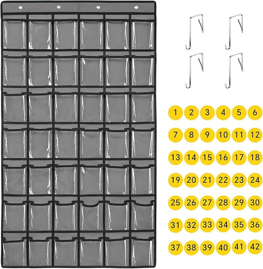 42 Pocket Classroom Pocket Chart for Cell Phones and Calculator,Clear Cellphone Pocket Chart for Classroom with Number Sticker and Hooks (Grey-42 Pockets)-NeatNest