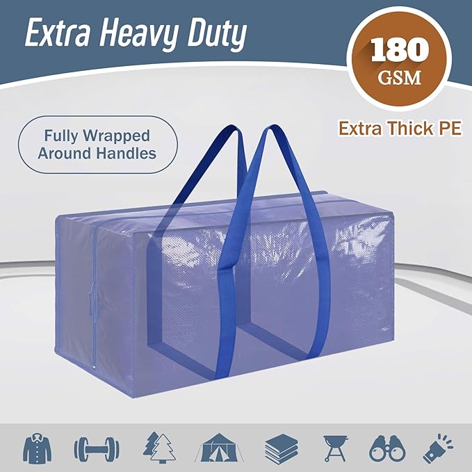 12 Pack Extra Heavy Duty Large Moving Bags with Strong Zipper & Comfortable Handles, Sturdy & Durable Clothes Storage Bags Totes Bins, Packing Moving Boxes for College Supplies, Blue-NeatNest