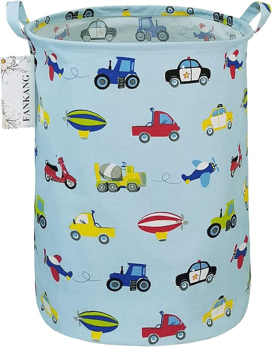 FANKANG Storage Basket, Nursery Hamper Canvas Laundry Basket Foldable with Waterproof PE Coating Large Storage Baskets for Kids Boys and Girls, Office, Bedroom, Clothes,Toys（Car）