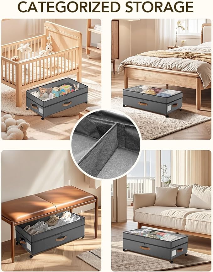 4 Pack Under Bed Storage with Wheels, Adjustable Height Storage Containers, 10 inches Large Capacity Rolling Underbed with Lids, Storage Drawers Shoes, Clothes, Blankets, Grey-NeatNest
