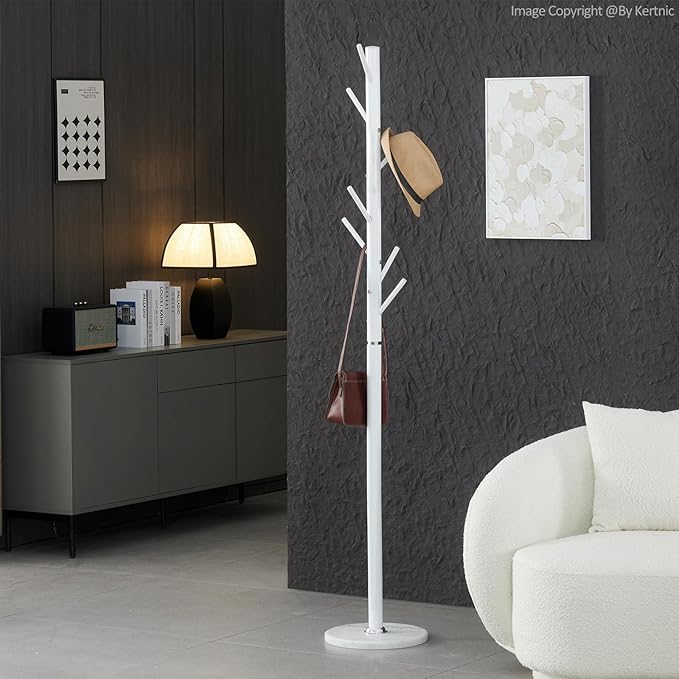 Kertnic Metal Coat Rack Stand, Free Standing Coat Rack with Stable Marble Base, High-Grade Coat Tree with 7 Hooks Metal Hall Tree Bedroom Floor Hat & Clothes Hanger (w White)-NeatNest