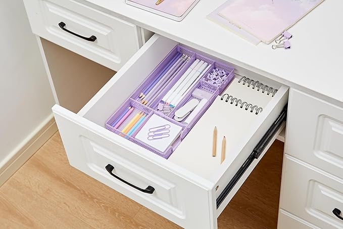 Annova Desk Drawer Organizer/Storage Tray - Metal Mesh with Dividers for Pens, Desktop Accessories, Bathroom, Kitchen, Makeup and Office Supplies (Small, Light Purple)-NeatNest