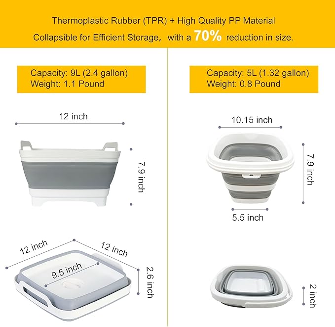 Collapsible Basin Bucket (9L+5L)-Collapsible Dish Tub Portable Sink-Foldable Sink Tub for Cleaning Foldable Portable Plastic (Grey+5L Grey)-NeatNest