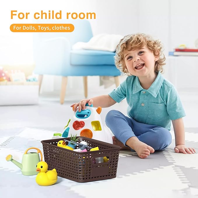 Brown Plastic Storage Baskets - Pack of 8 with Labels Stackable Durable Storage Bins, Storage Containers for Organizing Desktops, Closets, Playrooms, Classrooms, Offices-NeatNest