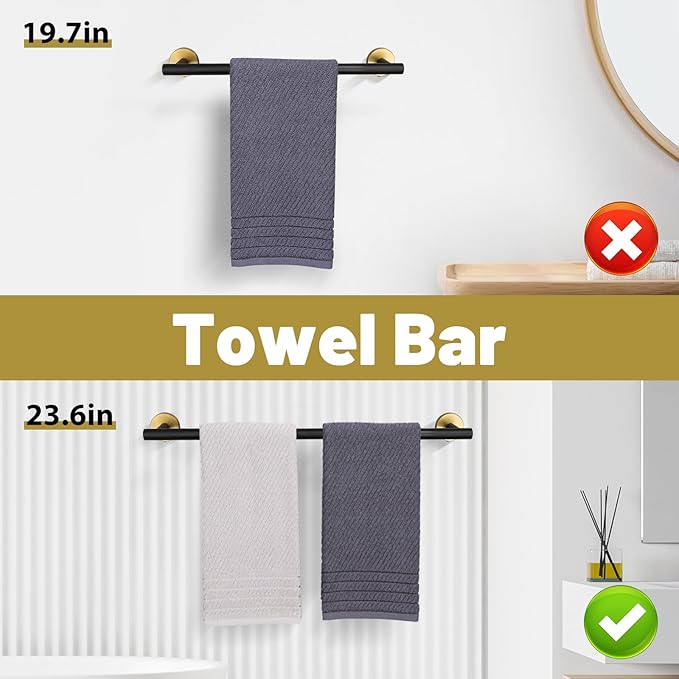Black and Gold Towel Bar Set 6 Pieces Bathroom Hardware Accessories Set Include 19.68/23.6 in Towel Bar Towel Ring Towel Hook and Toilet Paper Holder Stainless Steel Wall Mounted-NeatNest